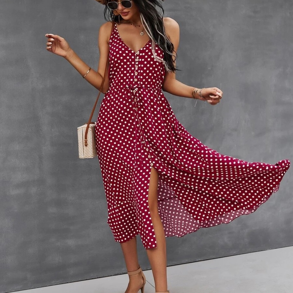 Button up v neck tie polka dot midi dress - Picture 7 of 16